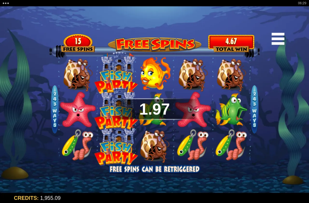 Free spins screen with a centre-reel logo stack and a running total