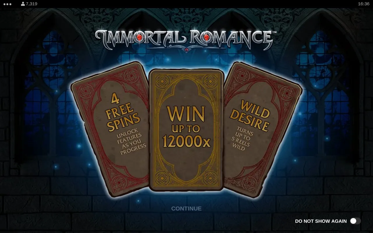 Immortal Romance loading splash showing the four character portraits arranged in a gothic vignette with the title logo above