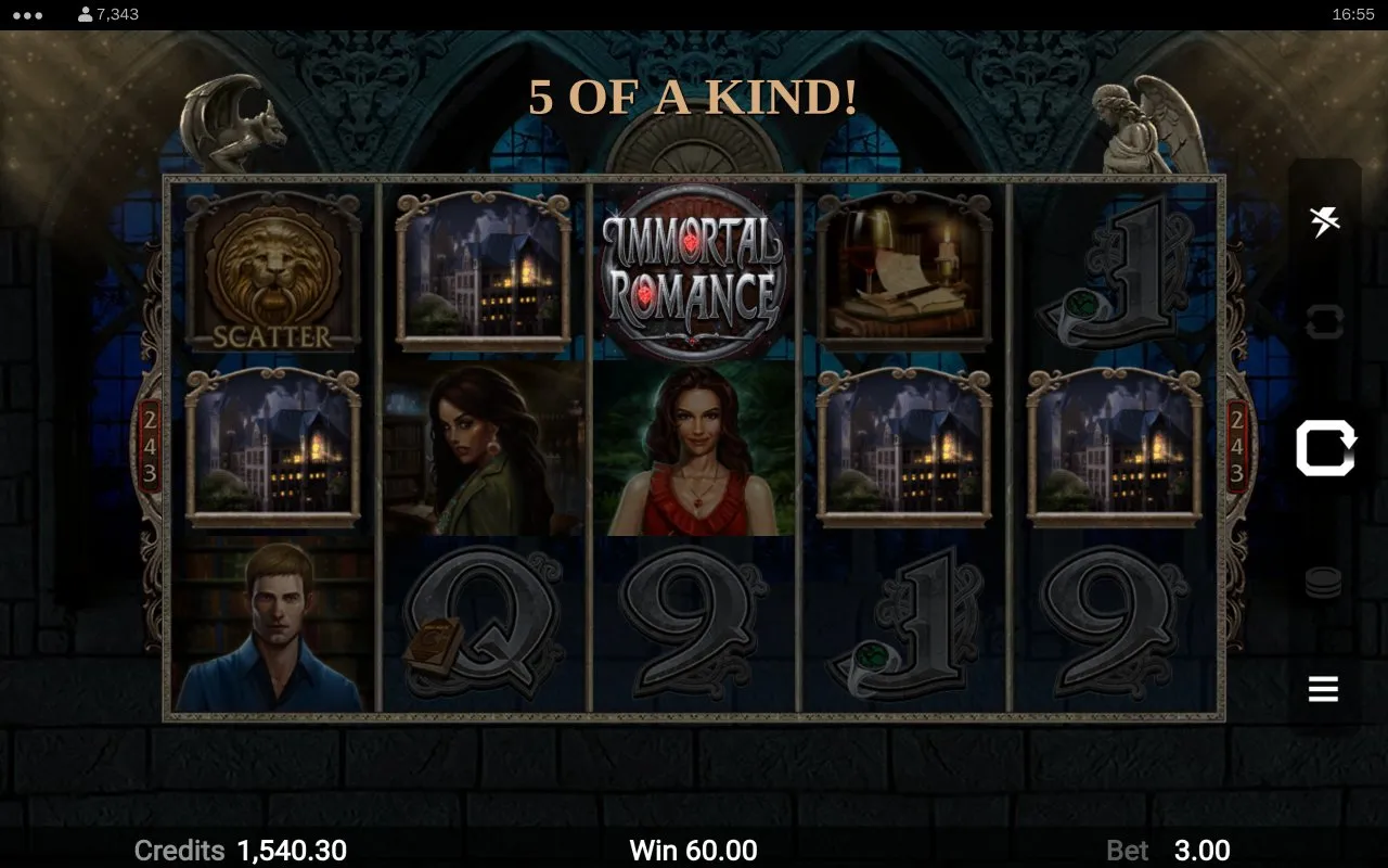 Big-win celebration screen with the win counter climbing past 50 coins on the dark gothic background