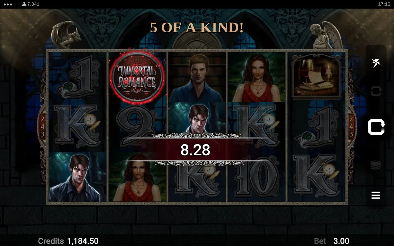 Spin 230 paying 34 coins on a mid-pay character line with the logo wild substituting in on reel three