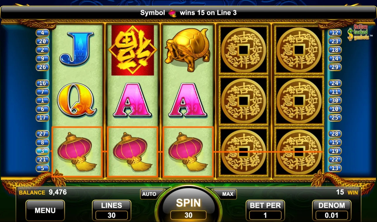 Two reels stacked with coins beside a 15-credit lantern line