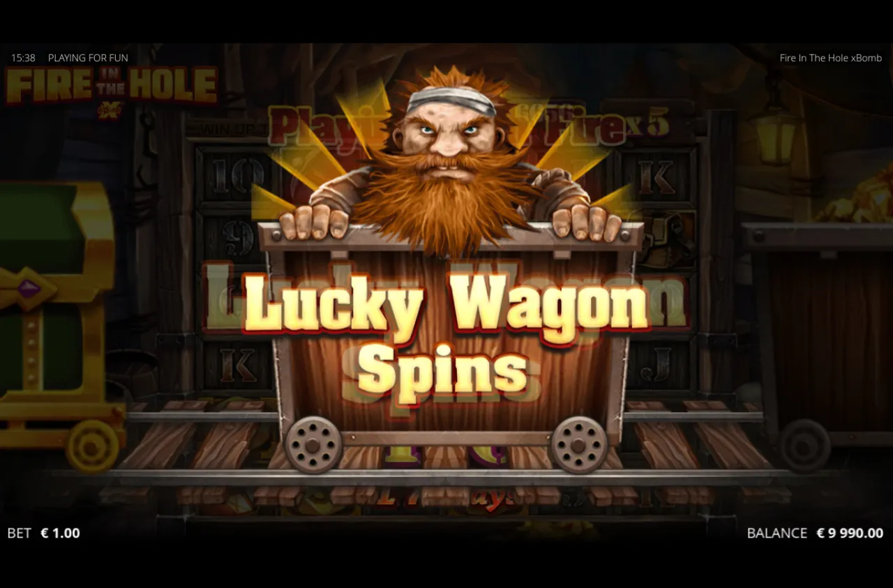 The dwarf bursting from a mining cart as Lucky Wagon Spins triggers