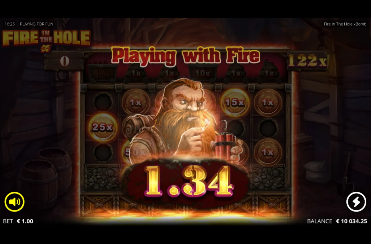 Full-screen Dynamite explosion with the miner Wild and 25x and 15x multiplier coins on the reels