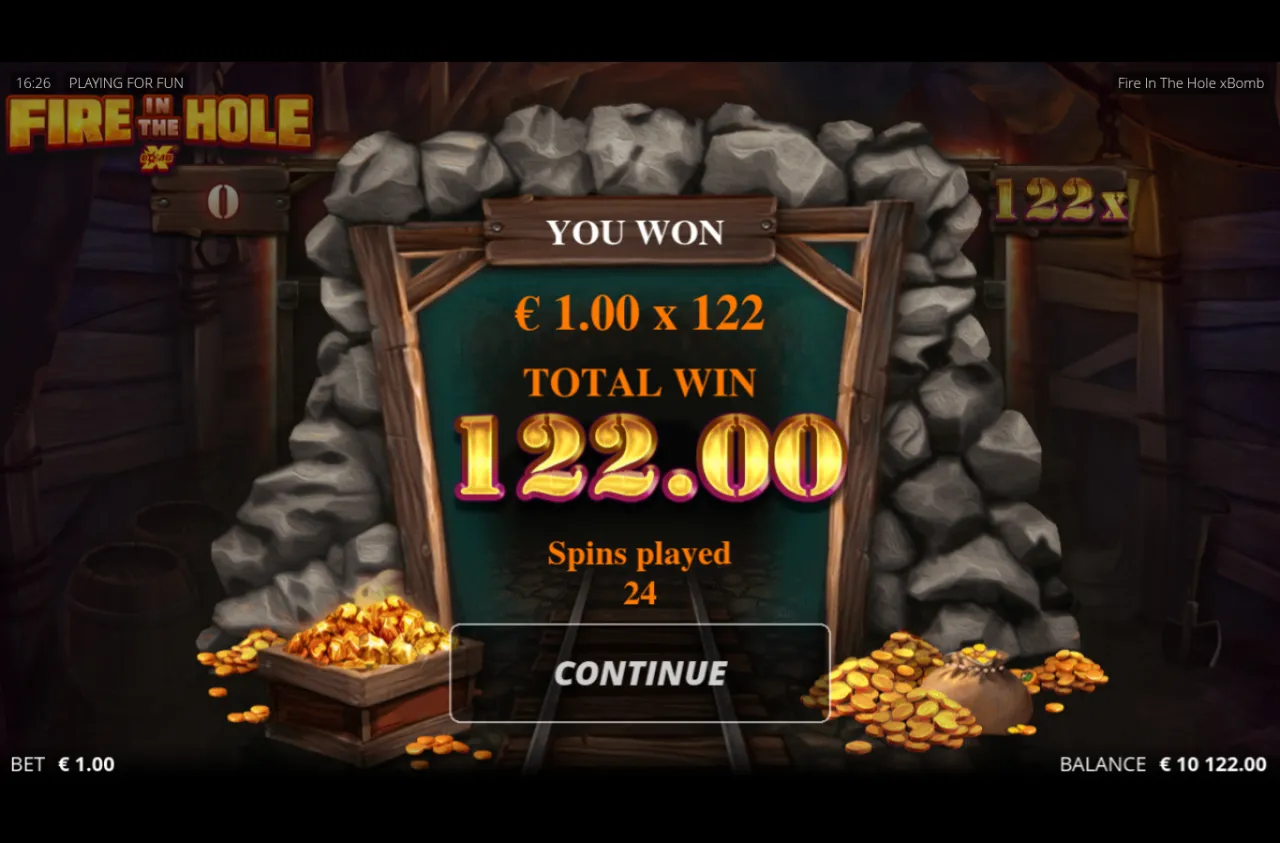 YOU WON board reading 1.00 x 122 over 24 feature spins