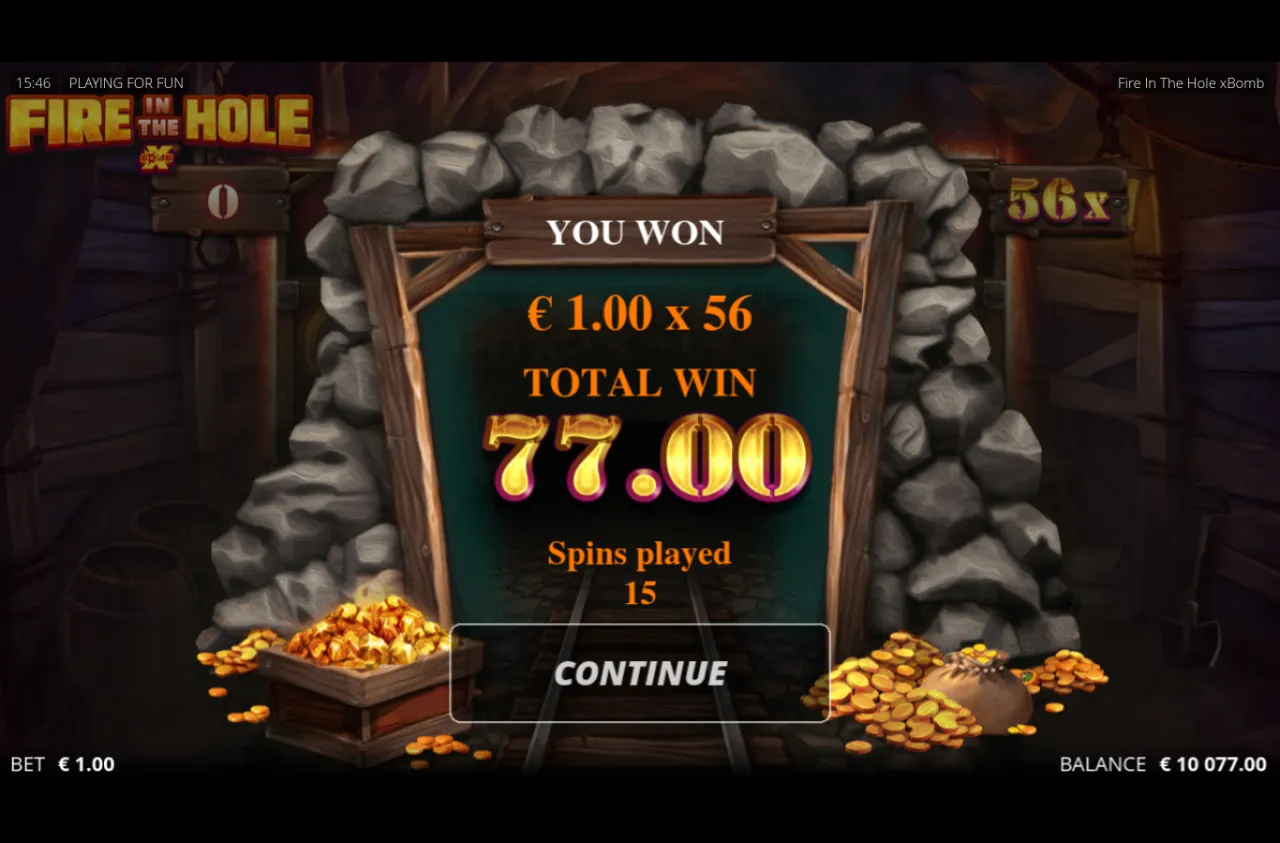 Lucky Wagon Spins end board totalling 77 over 15 free spins