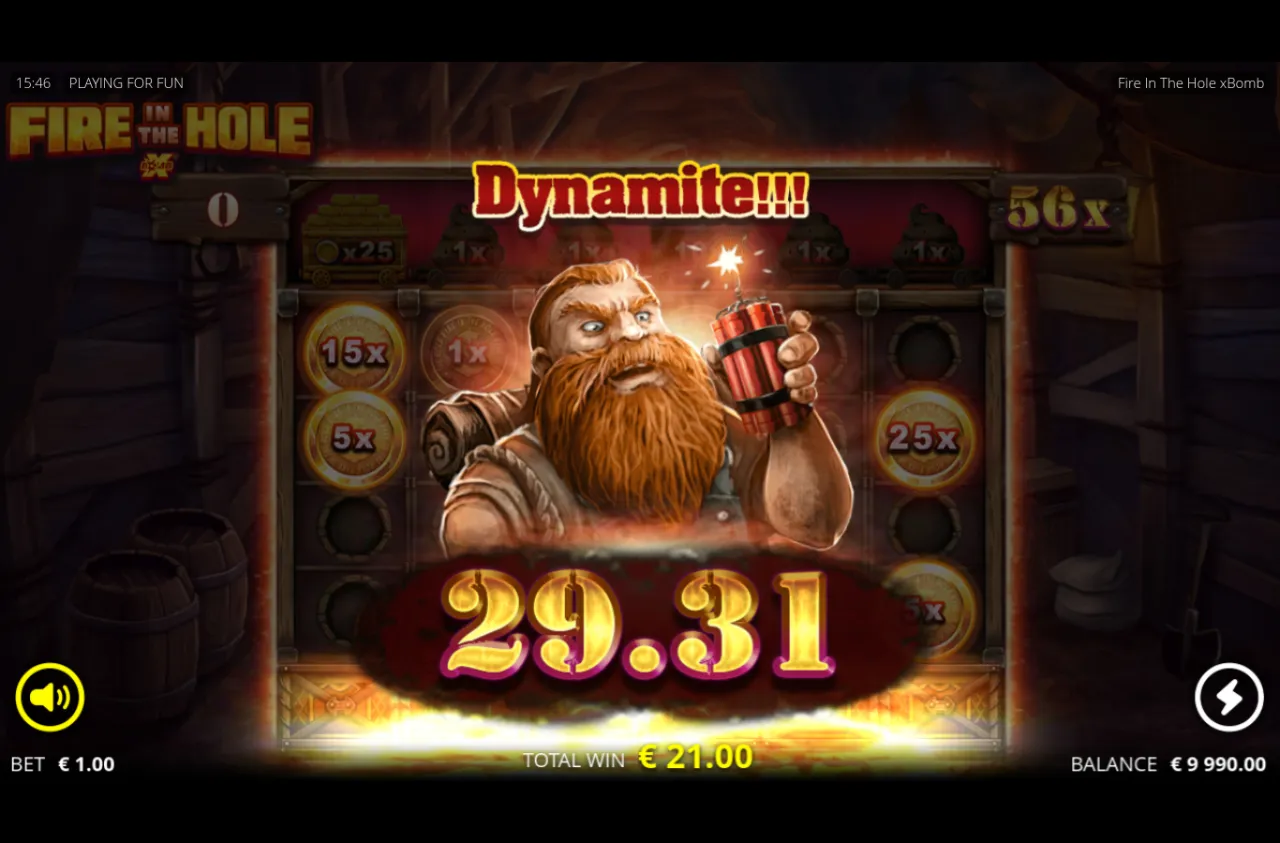 Dynamite win of 29.31, multiplier coins of 15x and 25x on the reels and a 56x side meter