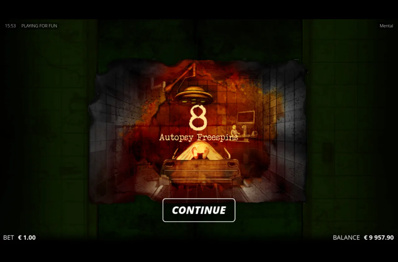 Autopsy Freespins award screen, 8 free spins, surgical lamp over a gurney