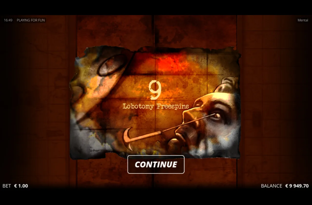 Lobotomy Freespins award screen, 9 free spins, lobotomy pick over the patient