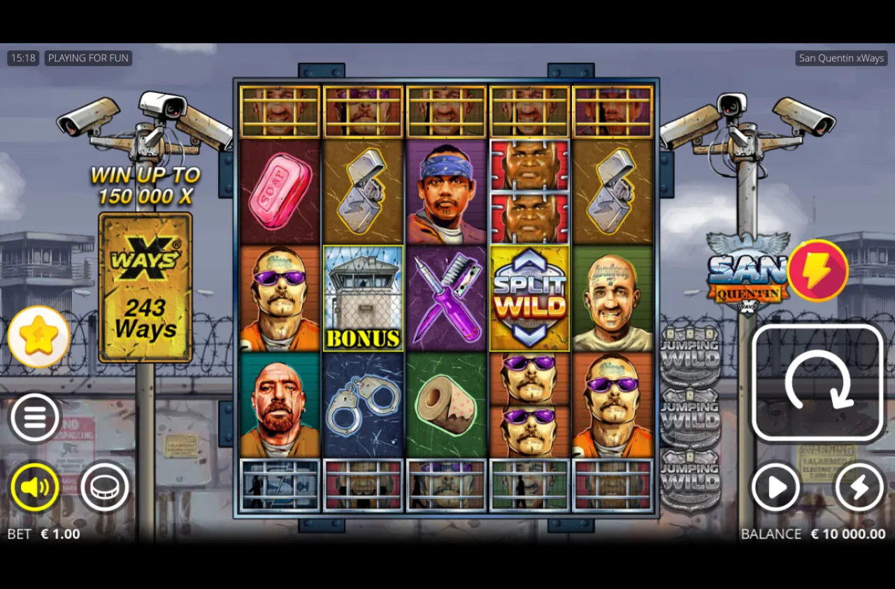 San Quentin base reels under a WIN UP TO 150,000x banner, balance 10,000