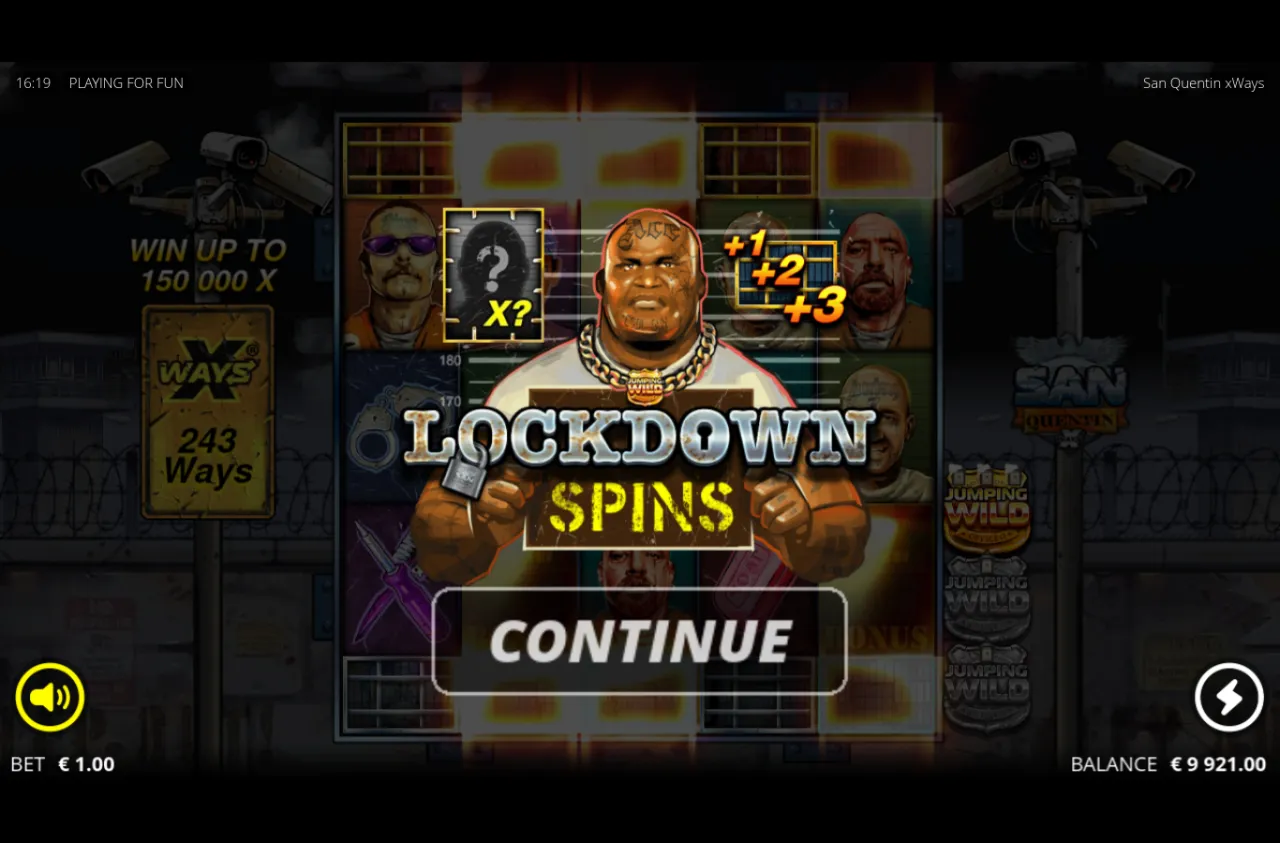 First Lockdown Spins intro card with a mystery multiplier and a spins-upgrade ladder