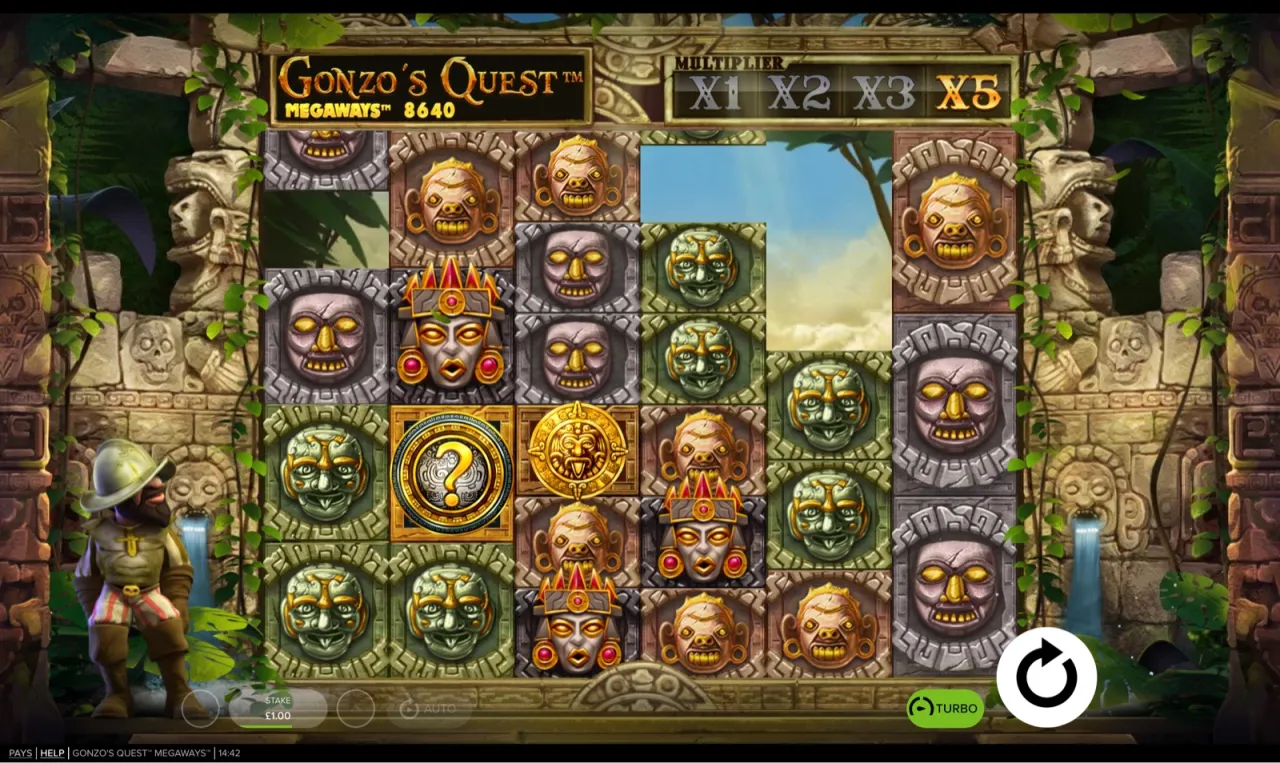 Tall grid at the X5 multiplier cap with the ways count at 8,640 and stone-mask symbols