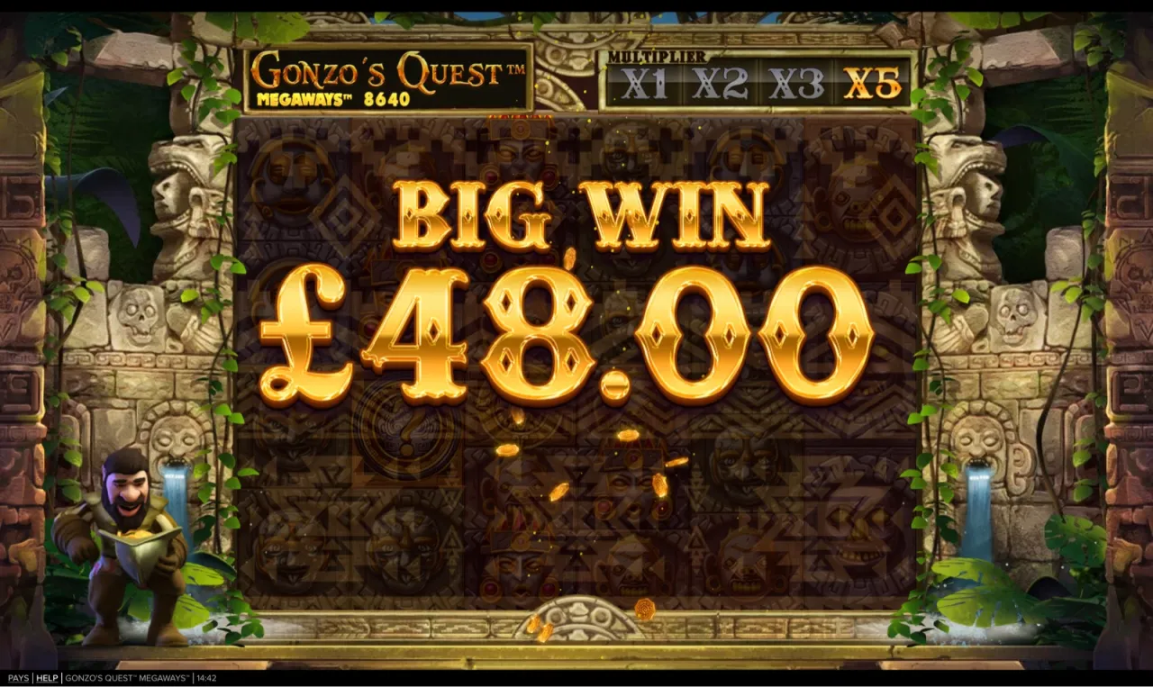 Gold big-win banner reading £48.00 with Gonzo beside the reels