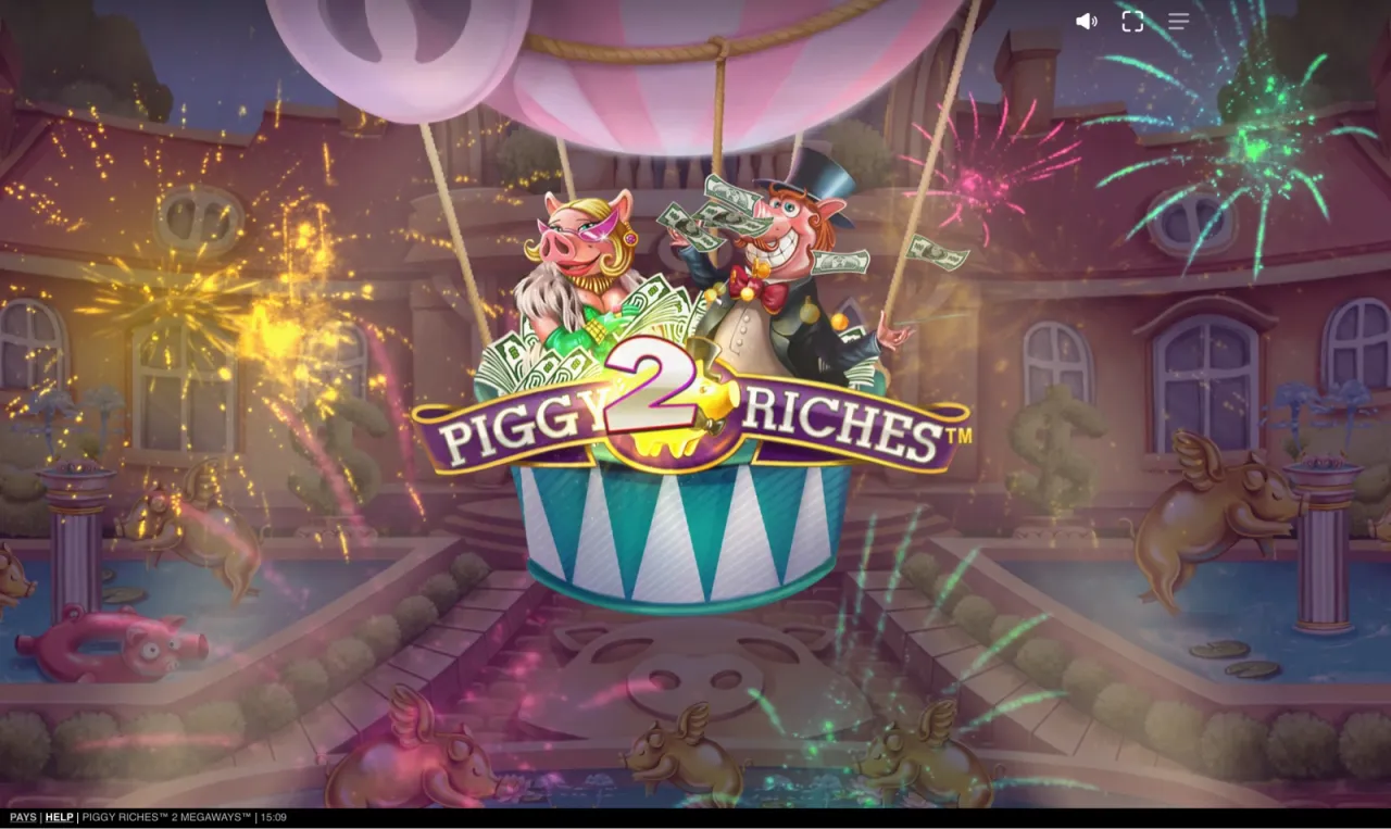 Mr and Mrs Piggy in a pink hot-air balloon above the family mansion on the title screen