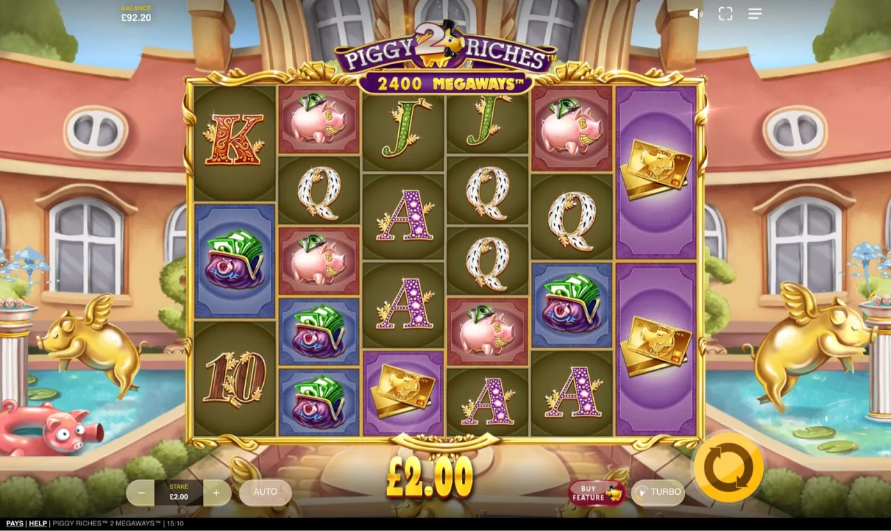The spin button with the Buy Feature shortcut beside it on a 2,400 Megaways board