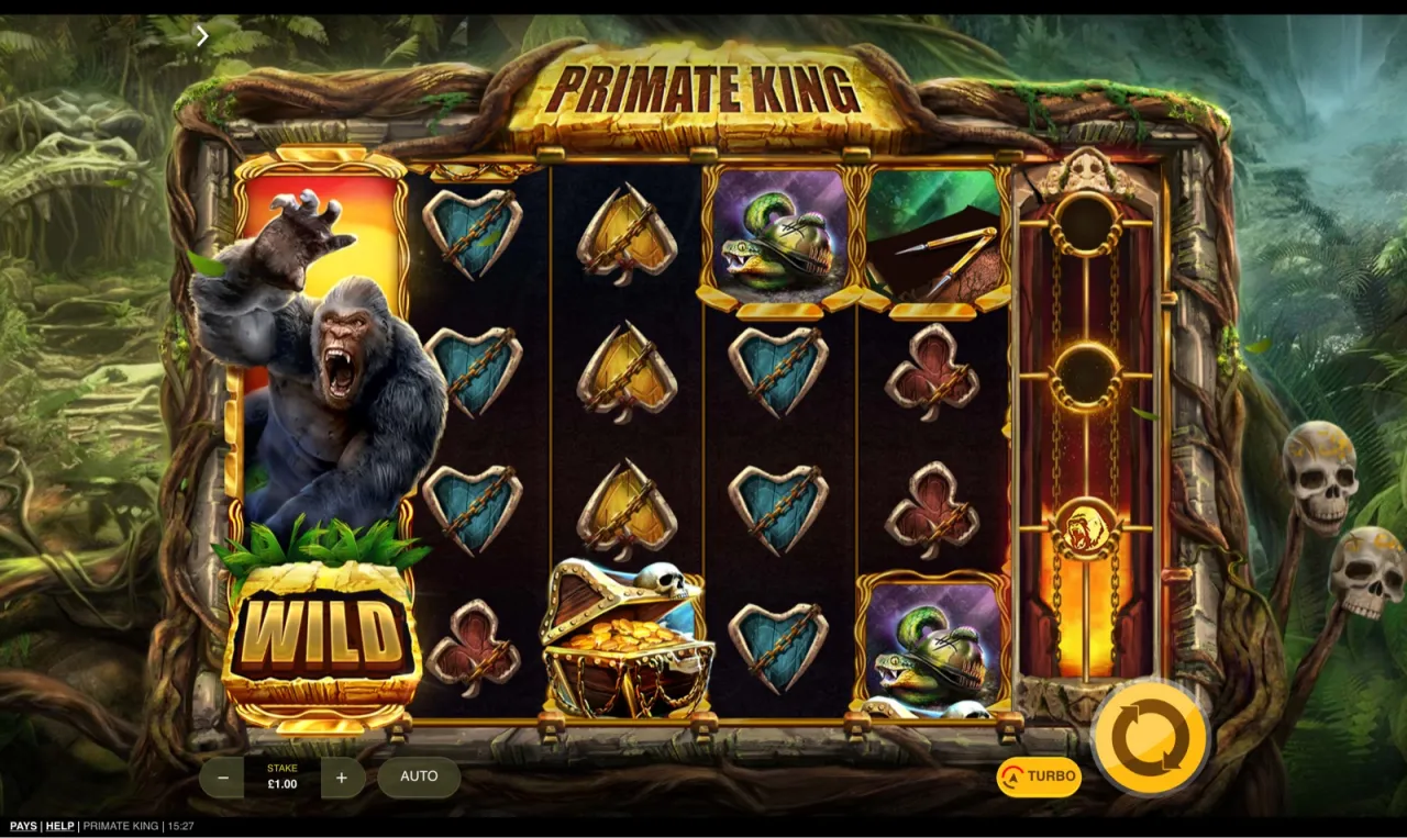Full-height gorilla wild on reel one with a treasure chest on the bottom row