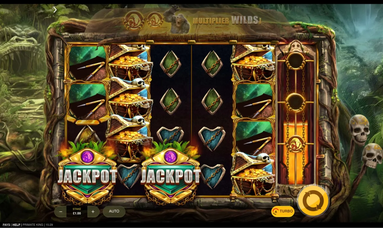 Two purple jackpot tiles on the bottom row of reels one and two, multiplier wilds banner lit above