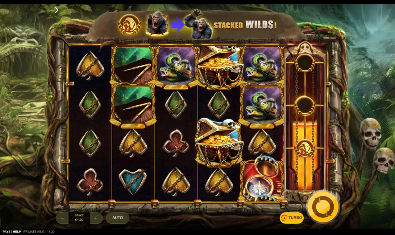 Stacked wilds banner above the reels with treasure-chest symbols stacked mid-grid