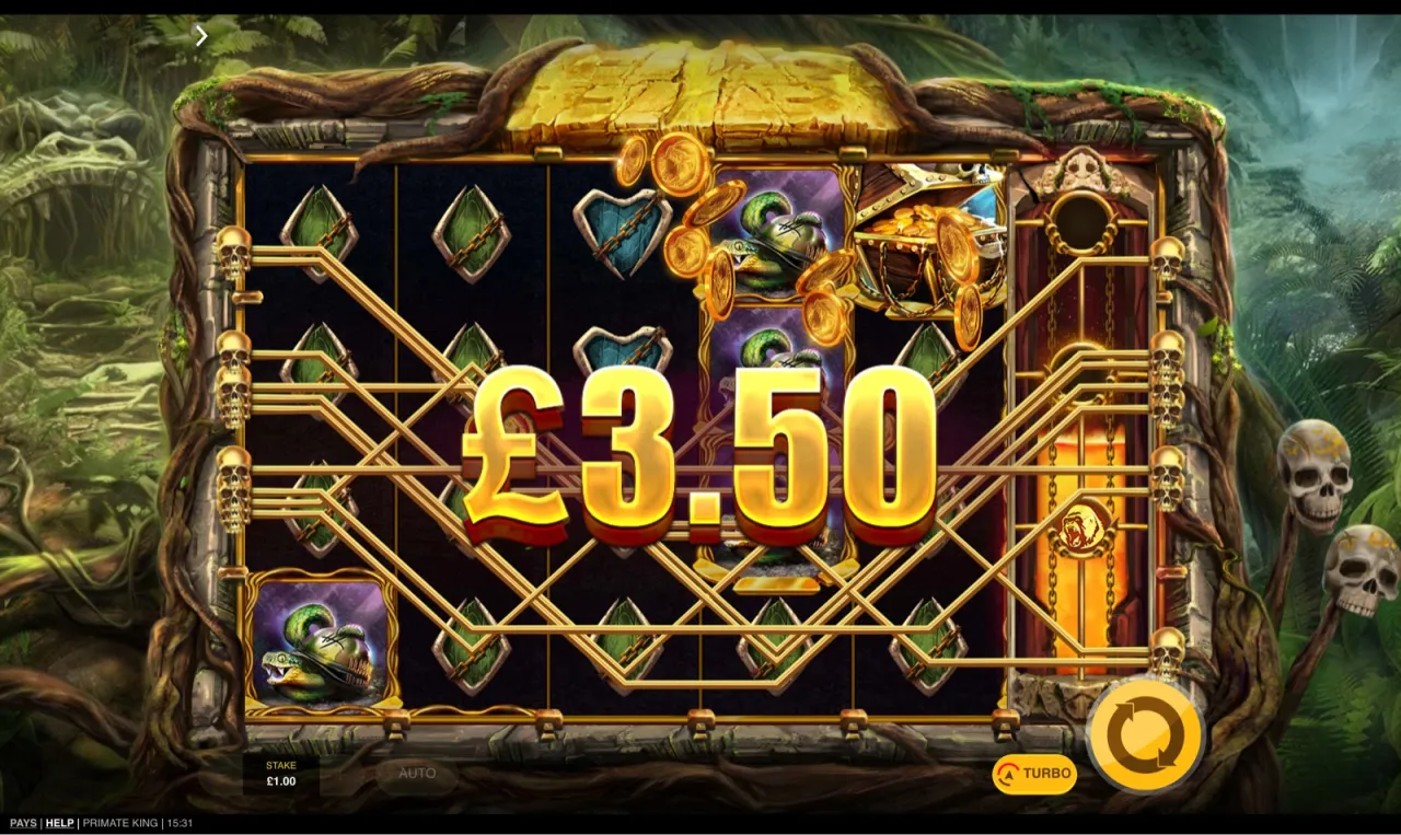 Cobra and treasure-chest symbols on a lit payline with gold win-lines across the grid