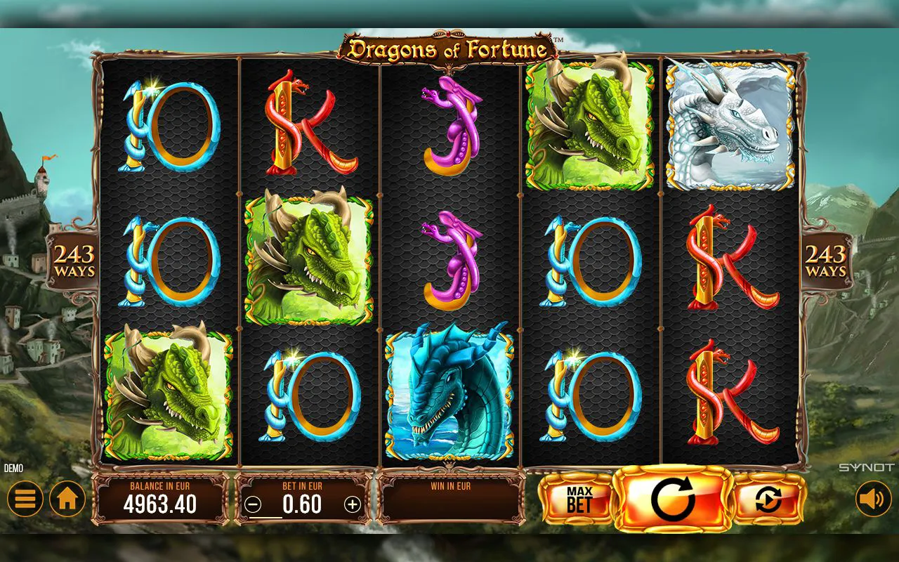 Stacked green dragons filling the left reels with a blue dragon landing centre