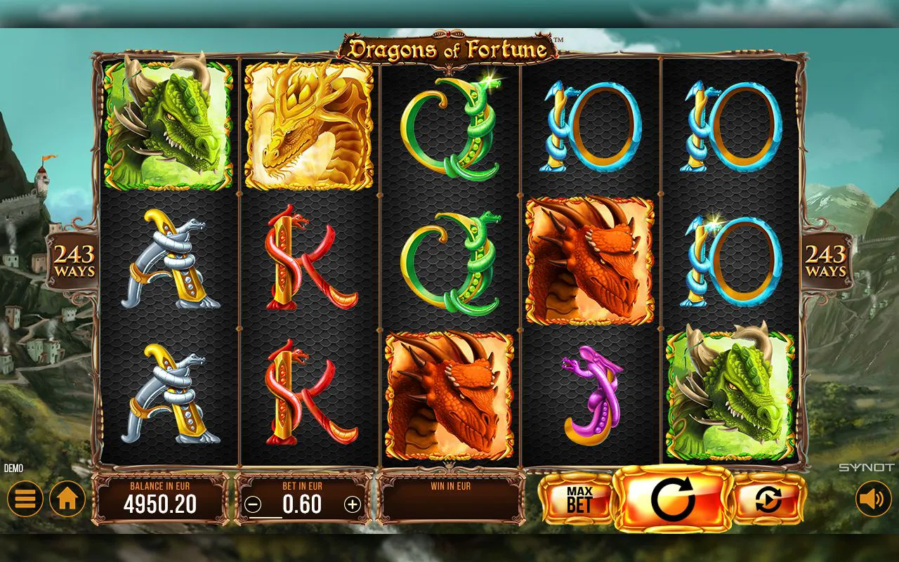 Green and golden dragons stacked on outer reels with orange dragon centre