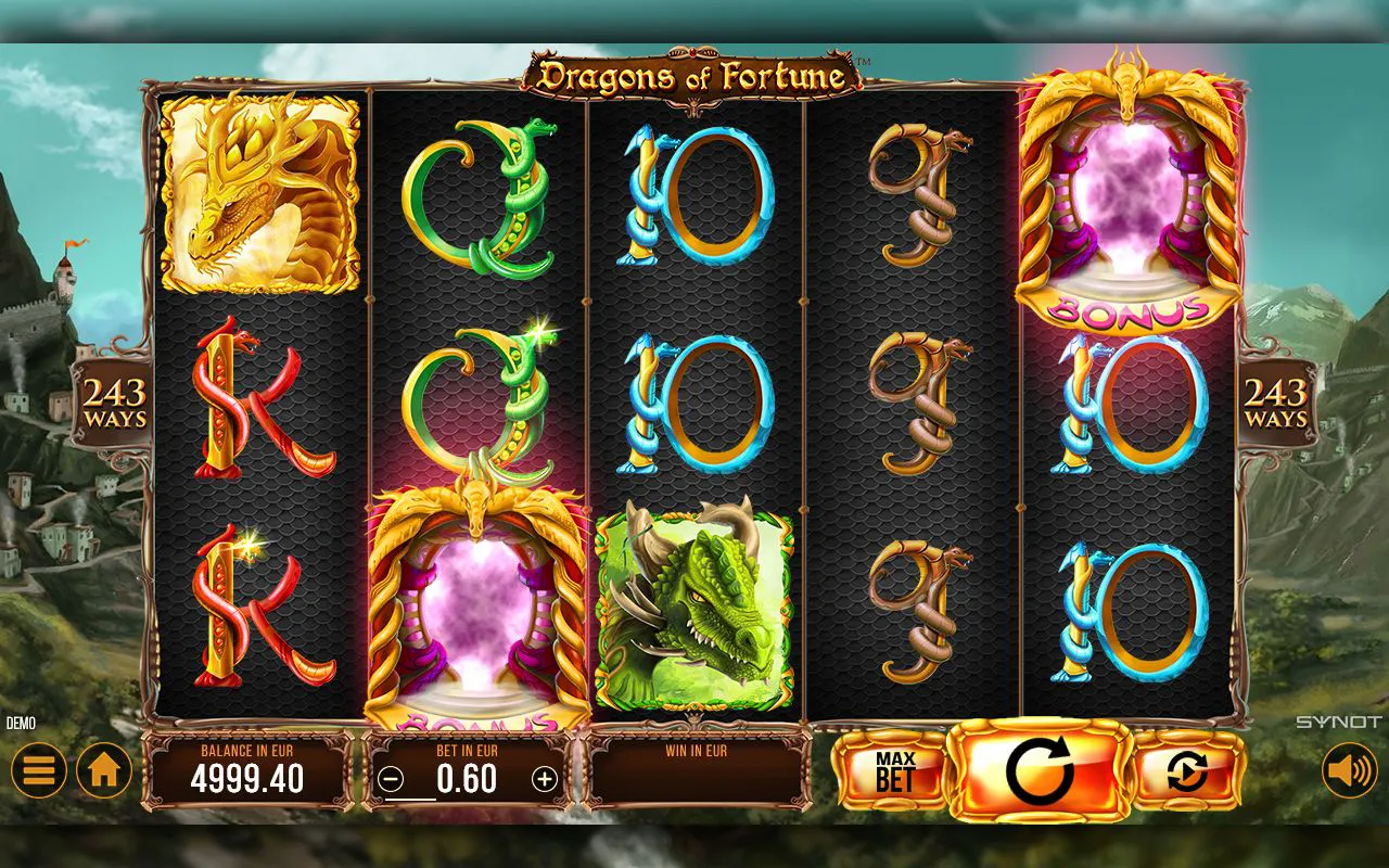 Single Bonus orb on reel five beside golden and green dragons