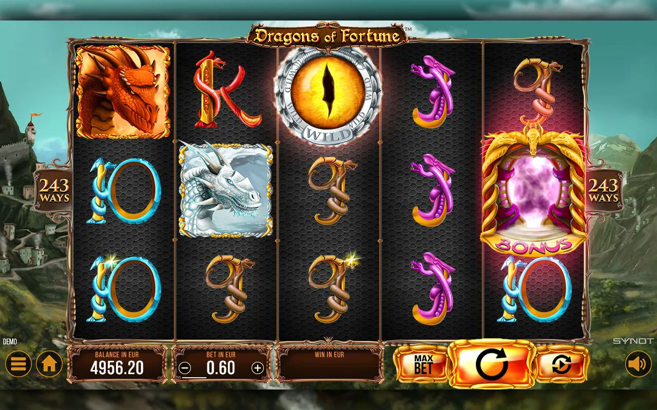 Wild eye centre and Bonus scatter on reel five with orange and silver dragons