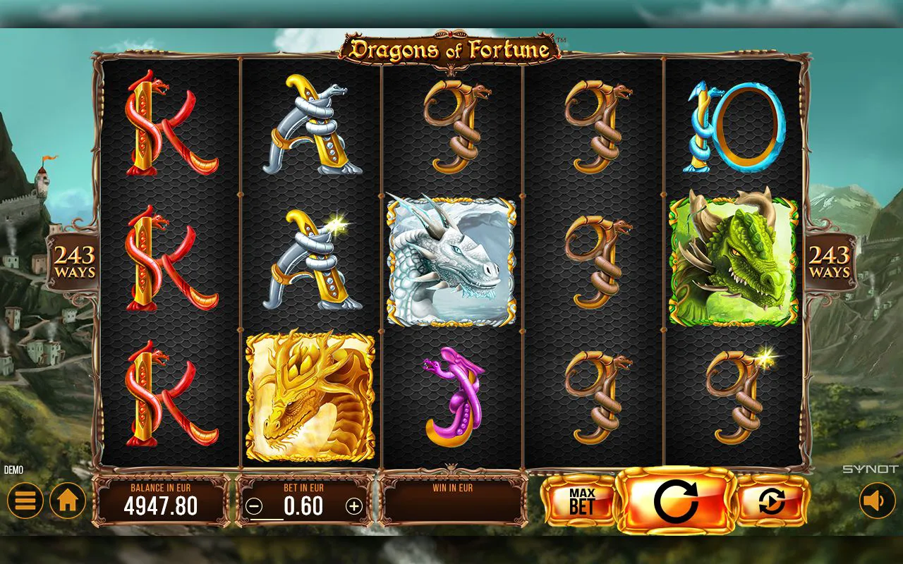 In-game paytable showing four dragon premiums above stylised royals