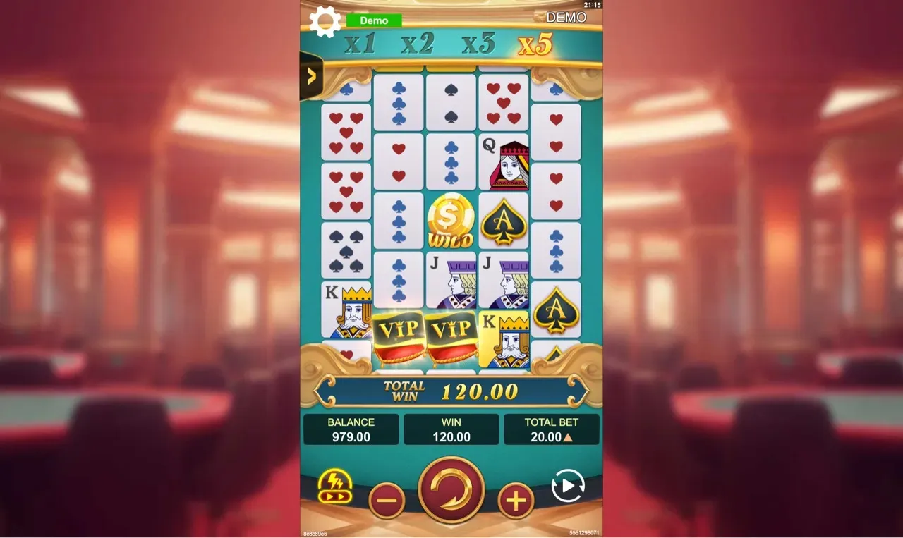 Base win at x5 multiplier with WILD on grid, total 120 credits