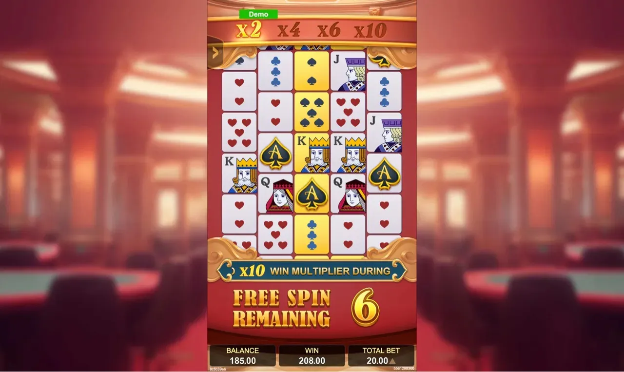 Free spin at x10 multiplier, running total 208 credits